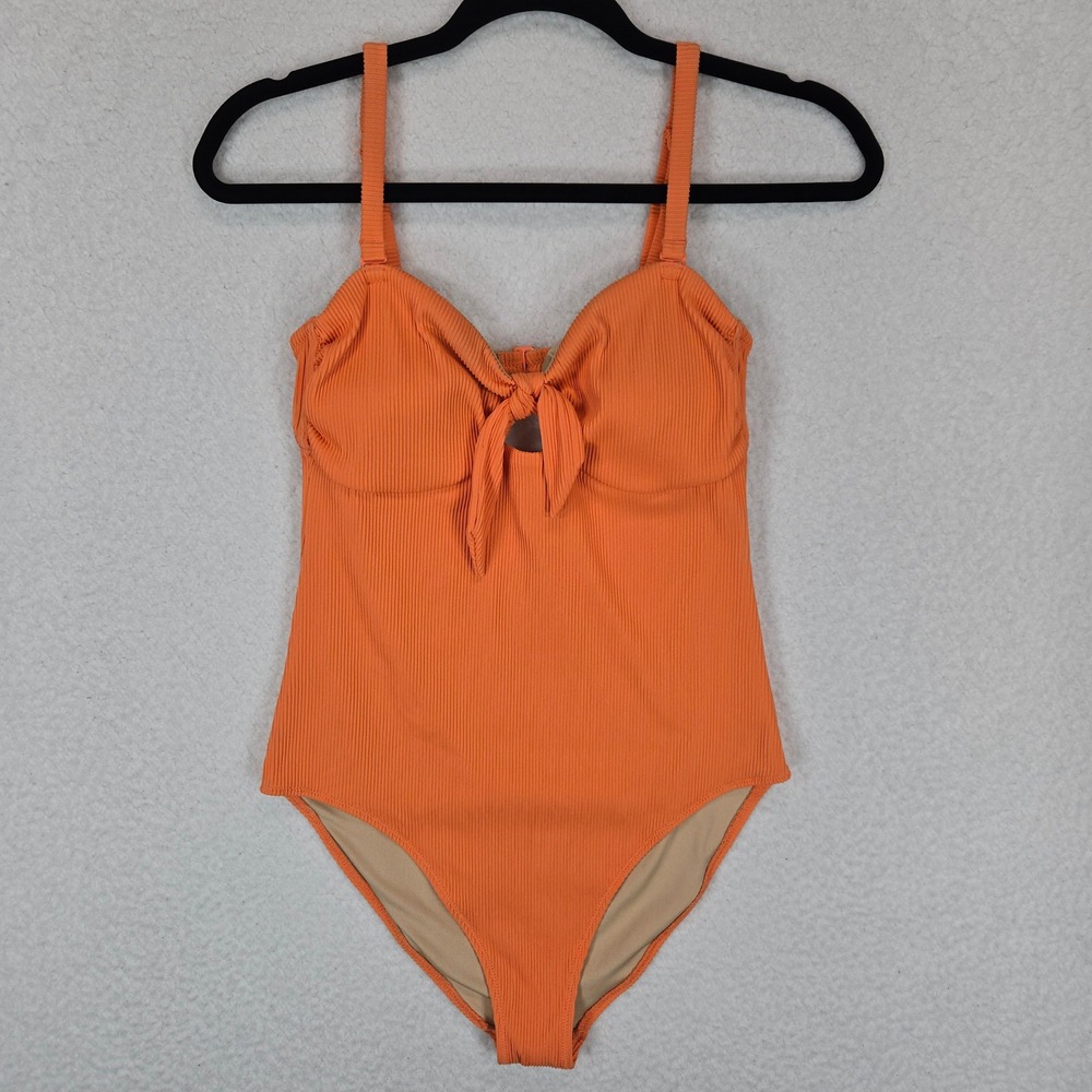 Old Navy Womens Orange Ribbed Tie Front One Piece Swimsuit Size M Cutout Back - Picture 2 of 9